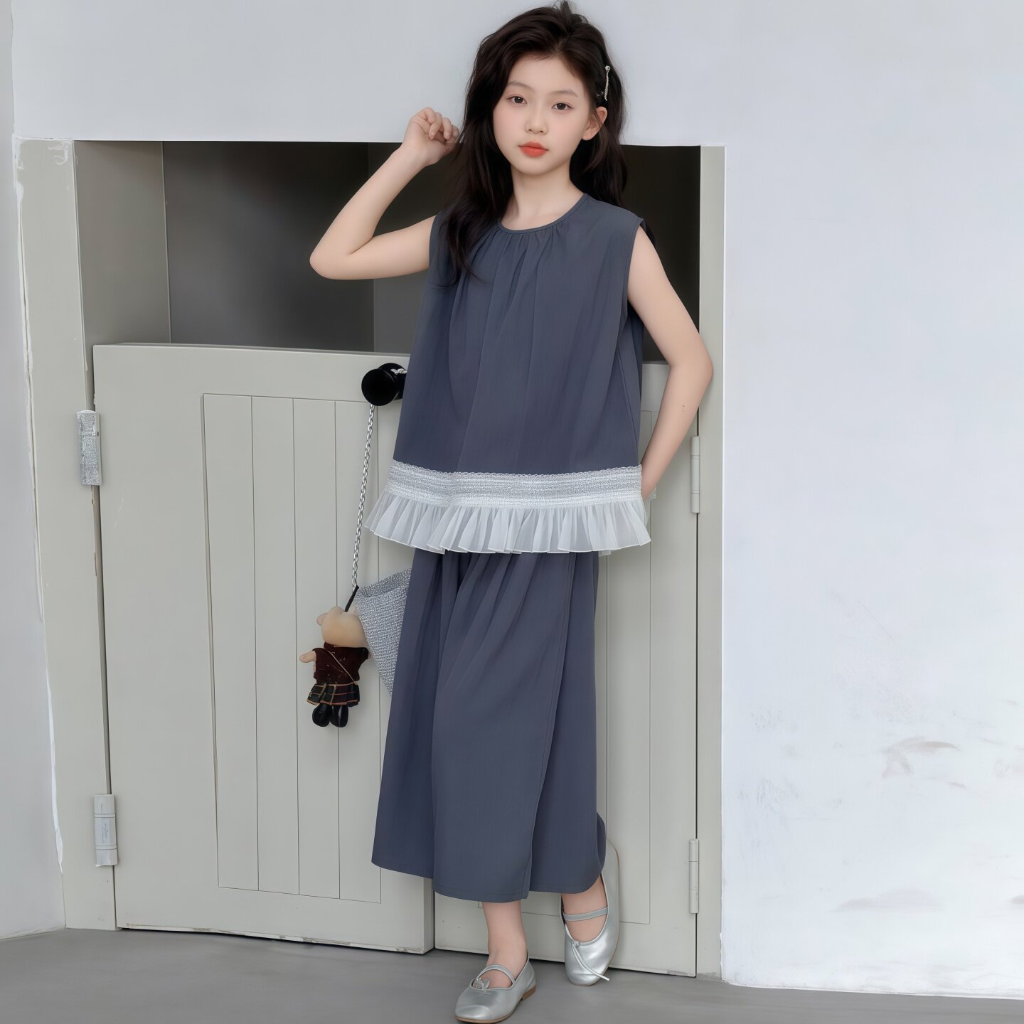 韩版女童夏装套装2026新款中大童洋气蕾丝无袖上衣阔腿裤两件套