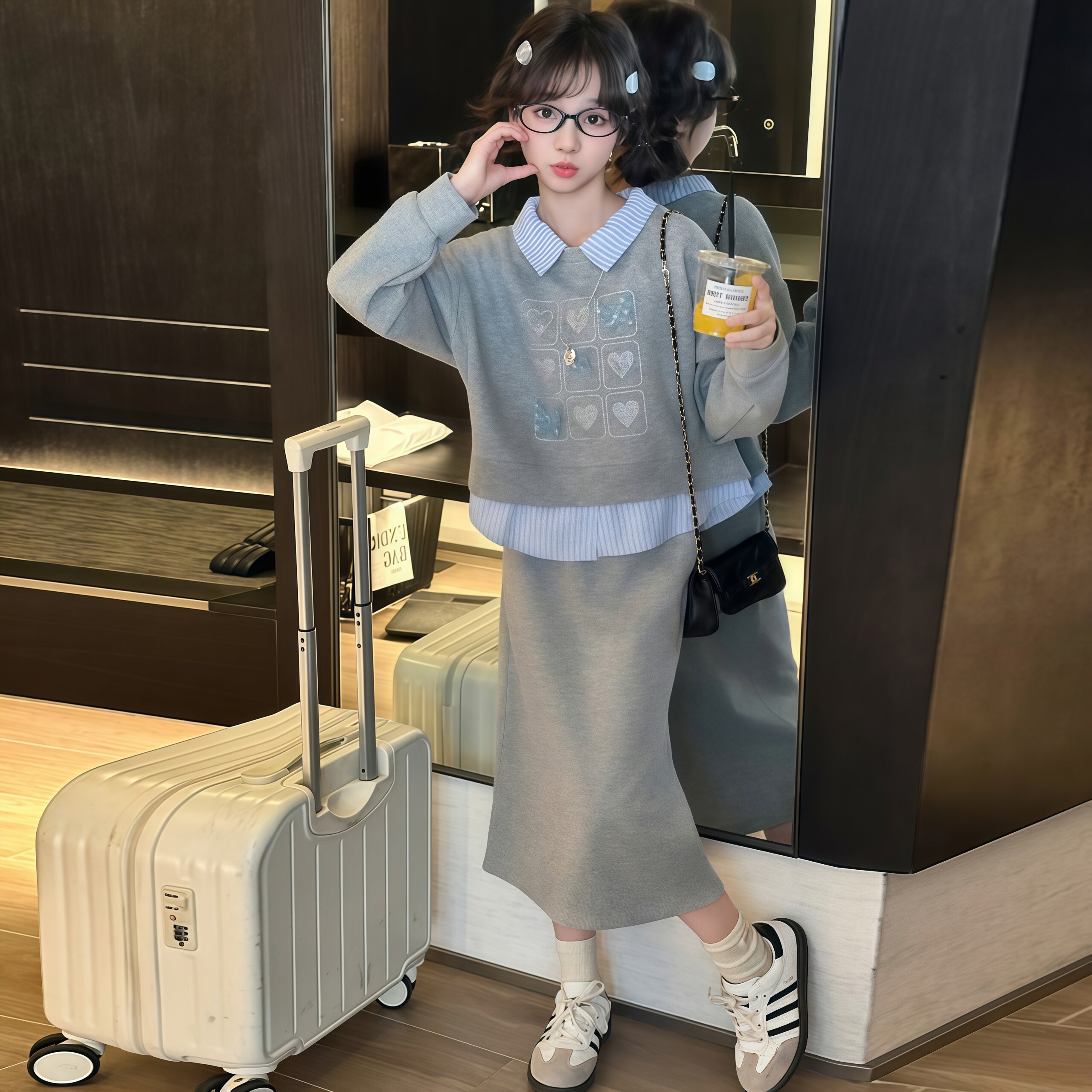女童秋装假两件卫衣裙两件套