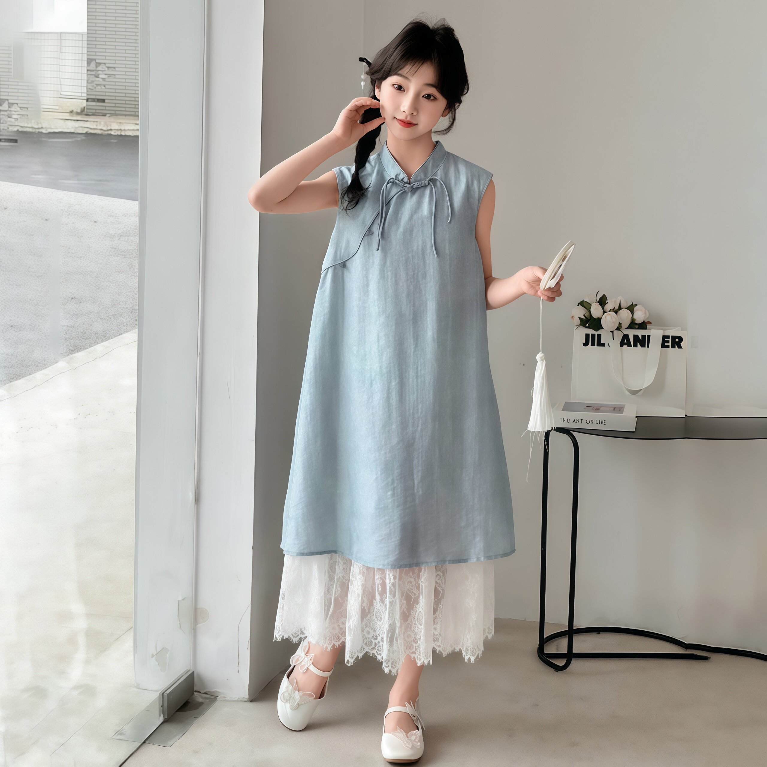 女童国风改良旗袍裙2026夏季新款中大童无袖背心裙女孩蕾丝连衣裙