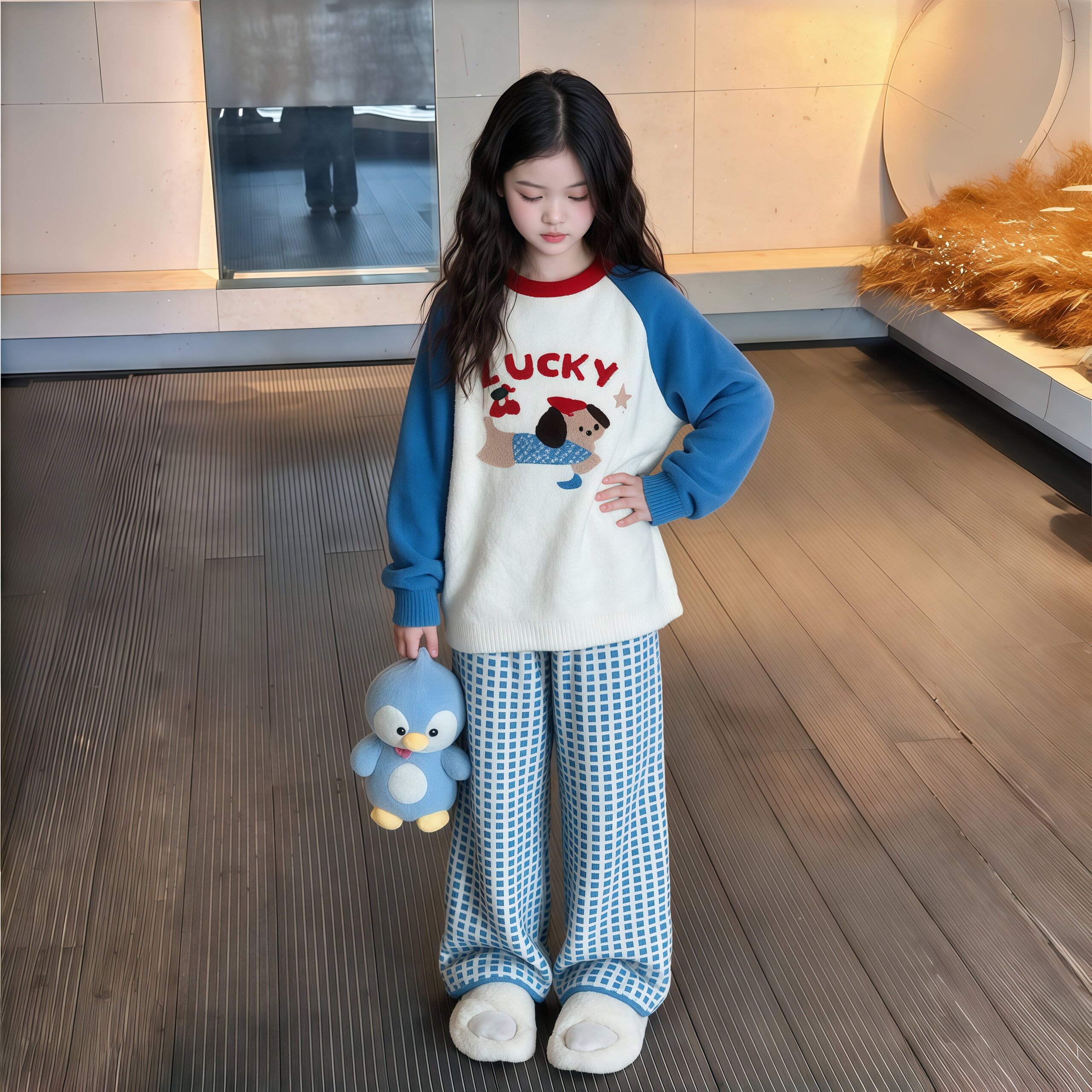 女大童家居服套装秋冬洋气2026新款中大童加绒加厚睡衣初中女孩