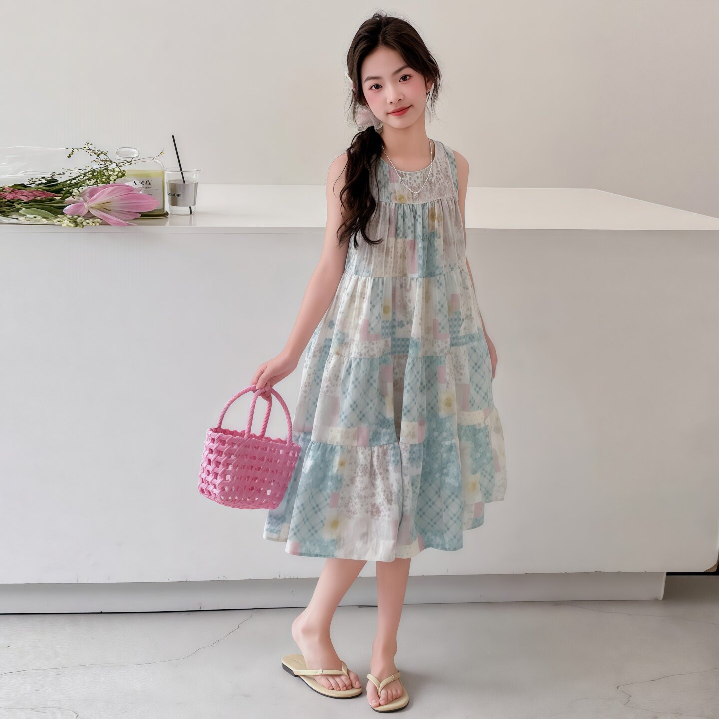 女童夏季碎花连衣裙2026新款中大童无袖背心蛋糕裙轻薄透气度假裙