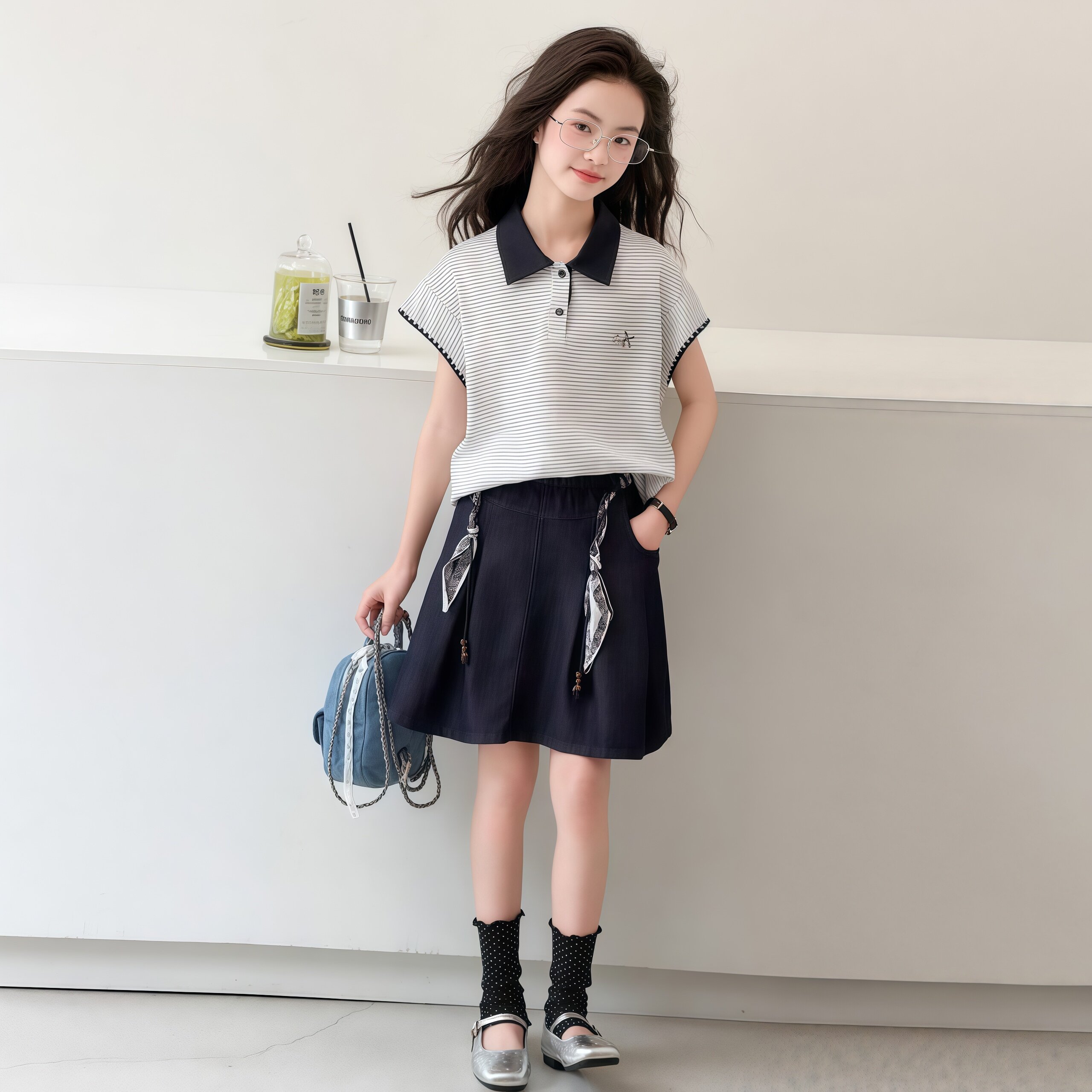 女童学院风裙子套装2026夏装中大童洋气条纹短袖T恤牛仔短裙女装