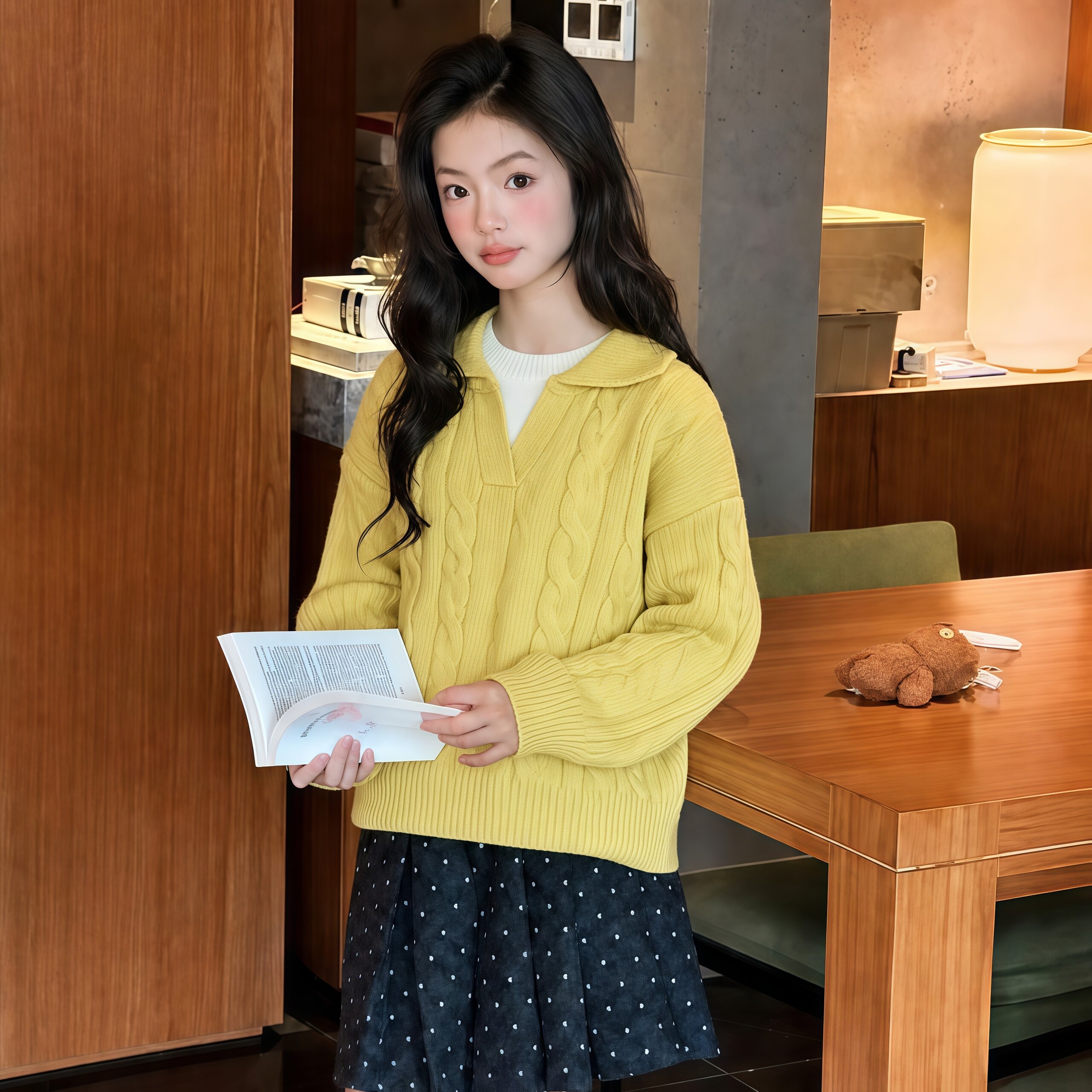 女童假两件毛衣秋冬2026新款中大童洋气翻领针织衫女孩保暖上衣