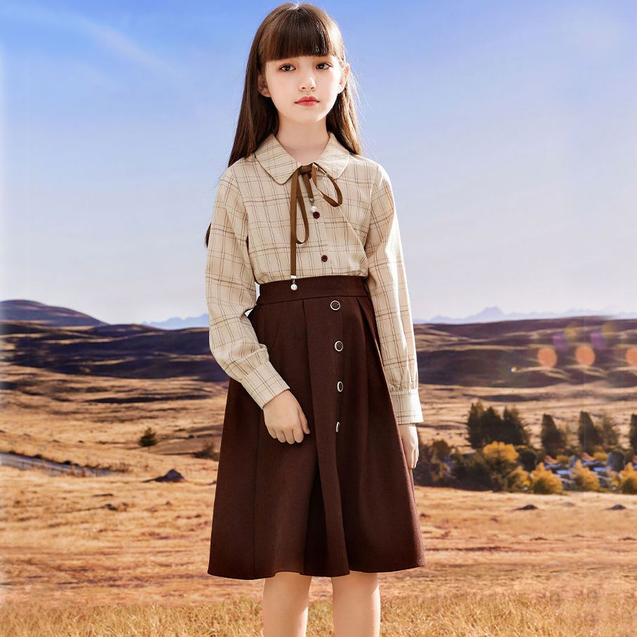 韩版女童连衣裙春装2025新款洋气儿童裙子套装长袖衬衫半身裙两件