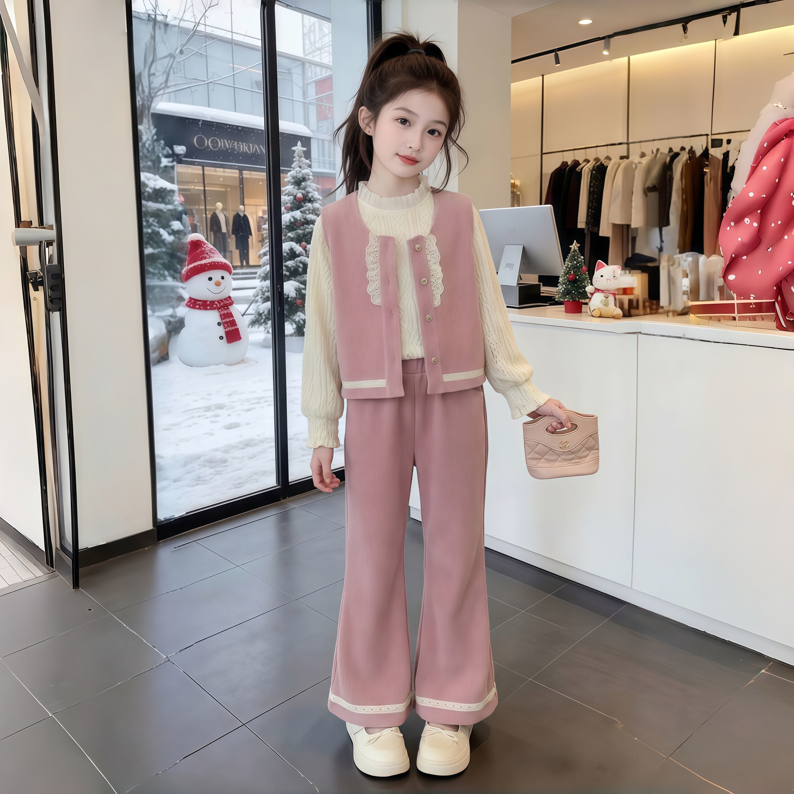 女童春装套装2026新款中大童初中学生女孩灯芯绒马甲阔腿裤两件套