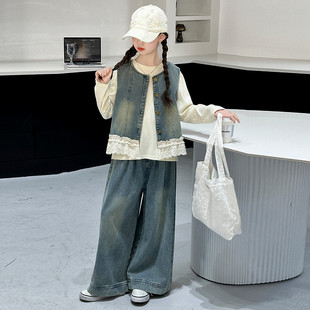 女童春装牛仔套装2026新款中大童女孩时髦洋气春季牛仔马甲三件套