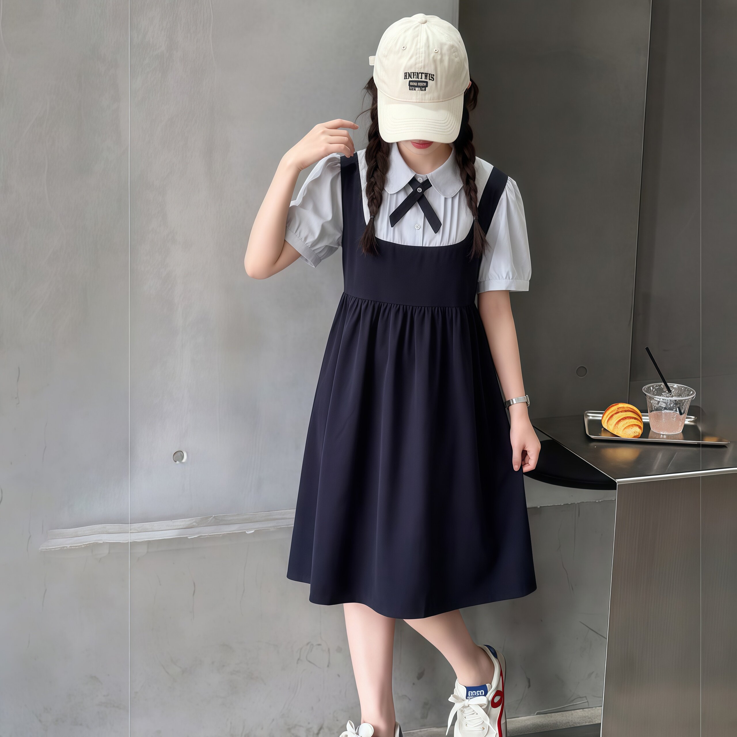 女童假两件连衣裙2026夏装新款中大童韩系学院风衬衫领背带裙套装
