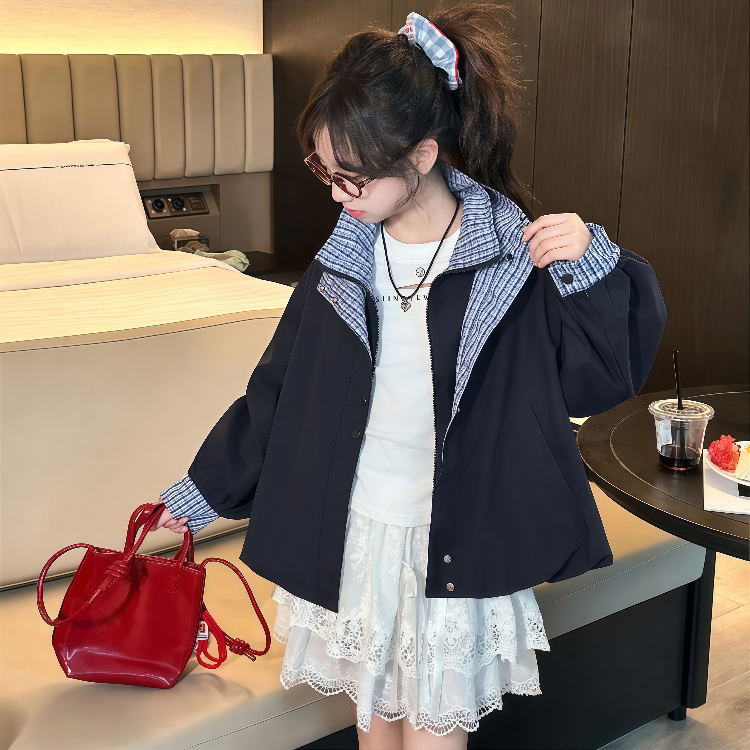 女童秋装格子翻领夹克2026新款