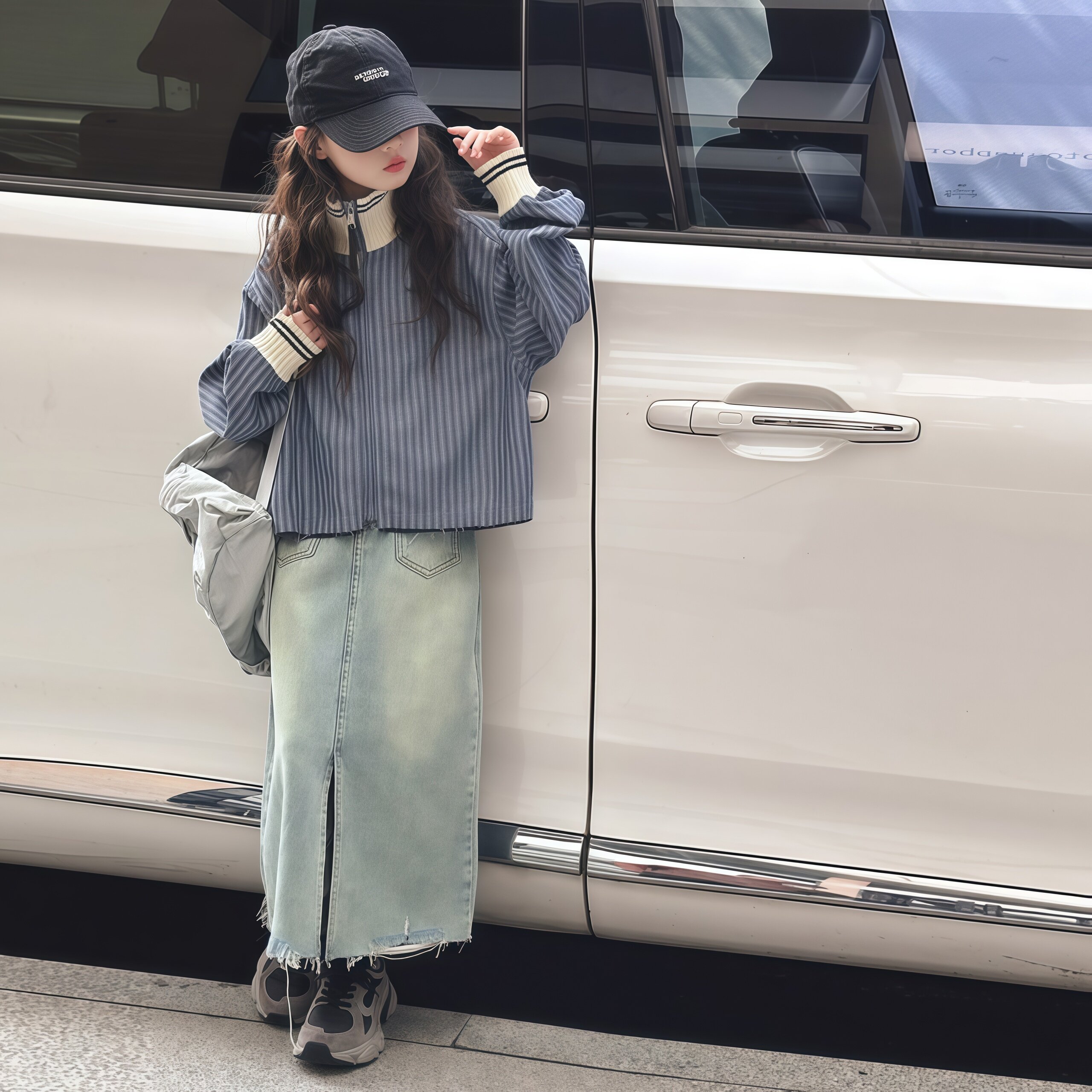 甜酷女童中长高腰A字牛仔半身裙