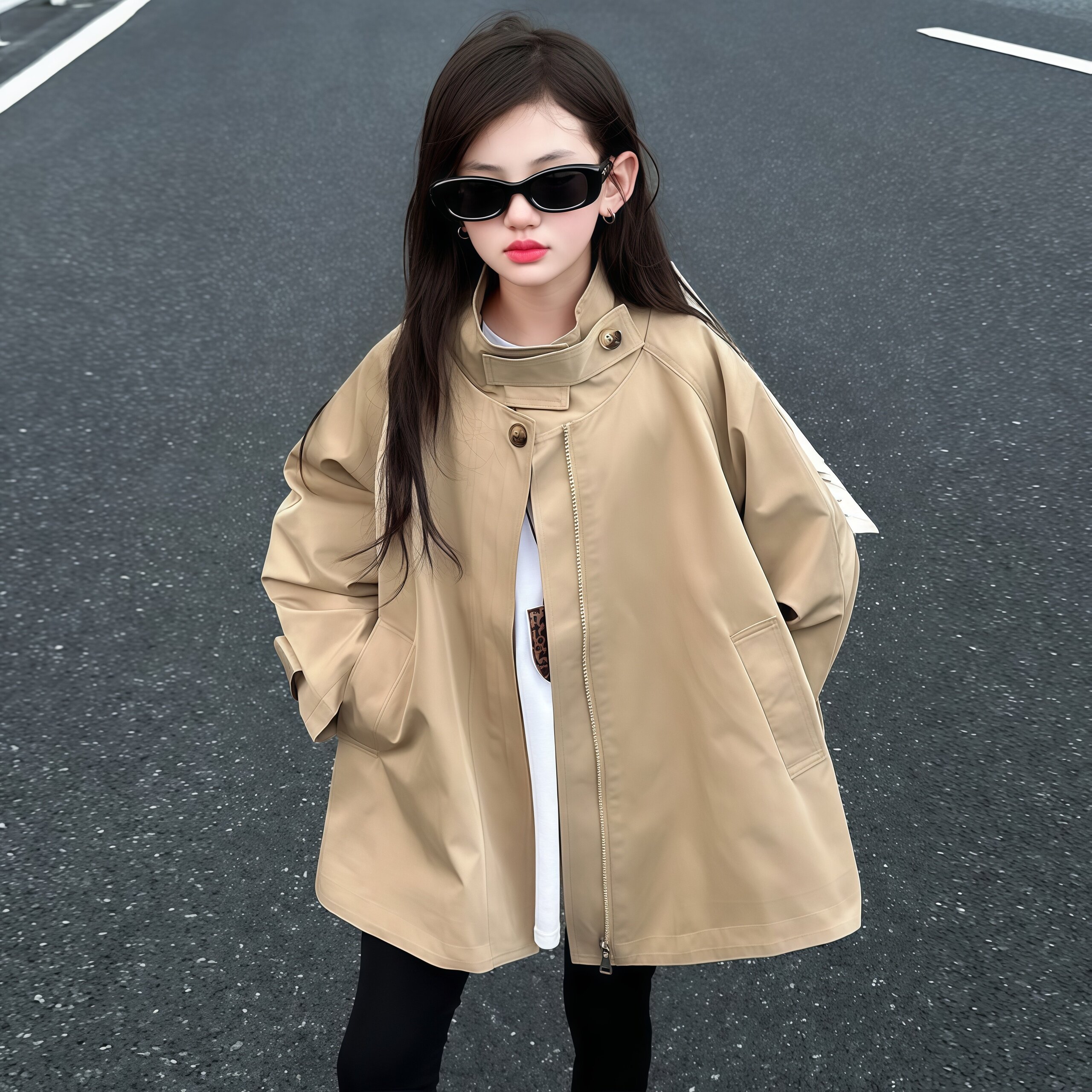 女童秋季韩版中长款立领风衣