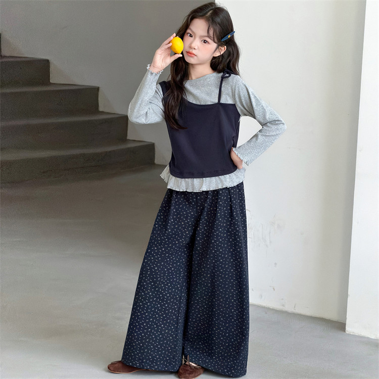 女童秋季纯棉假两件韩版裙裤套装