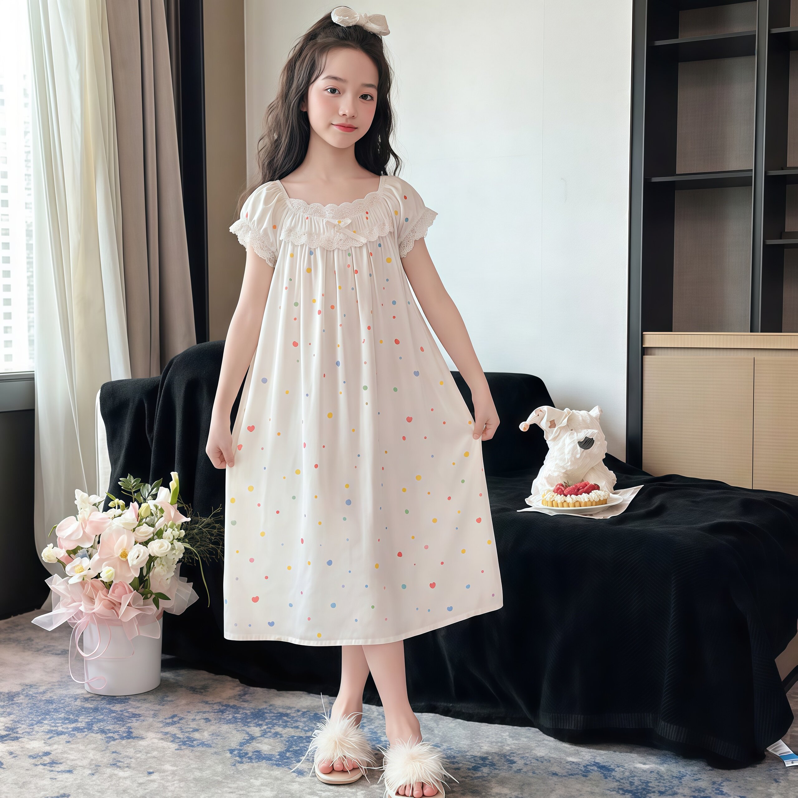 女童睡裙夏季薄款2026新款蕾丝公主风女孩睡衣中大童家居服爆款