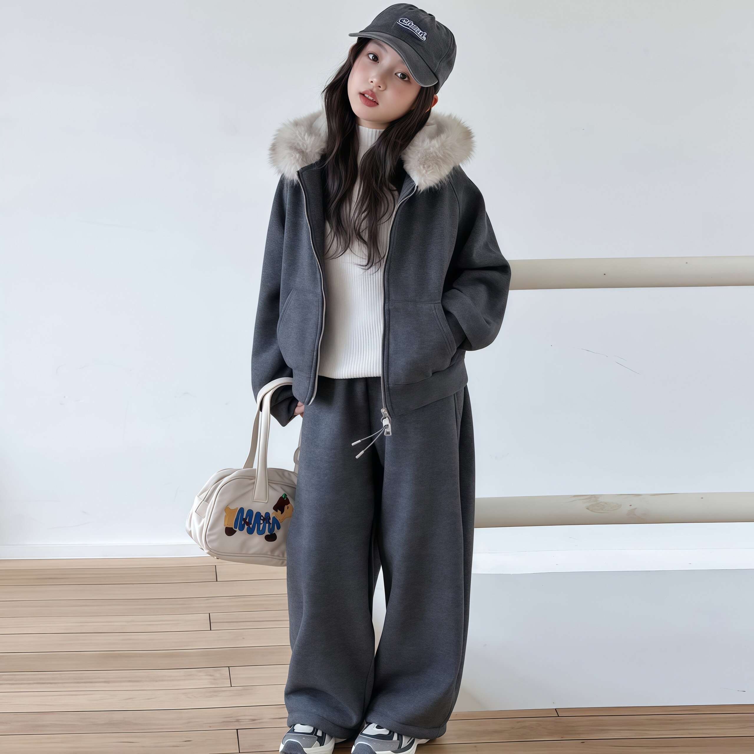 女童冬季运动风拉链外套直筒裤套