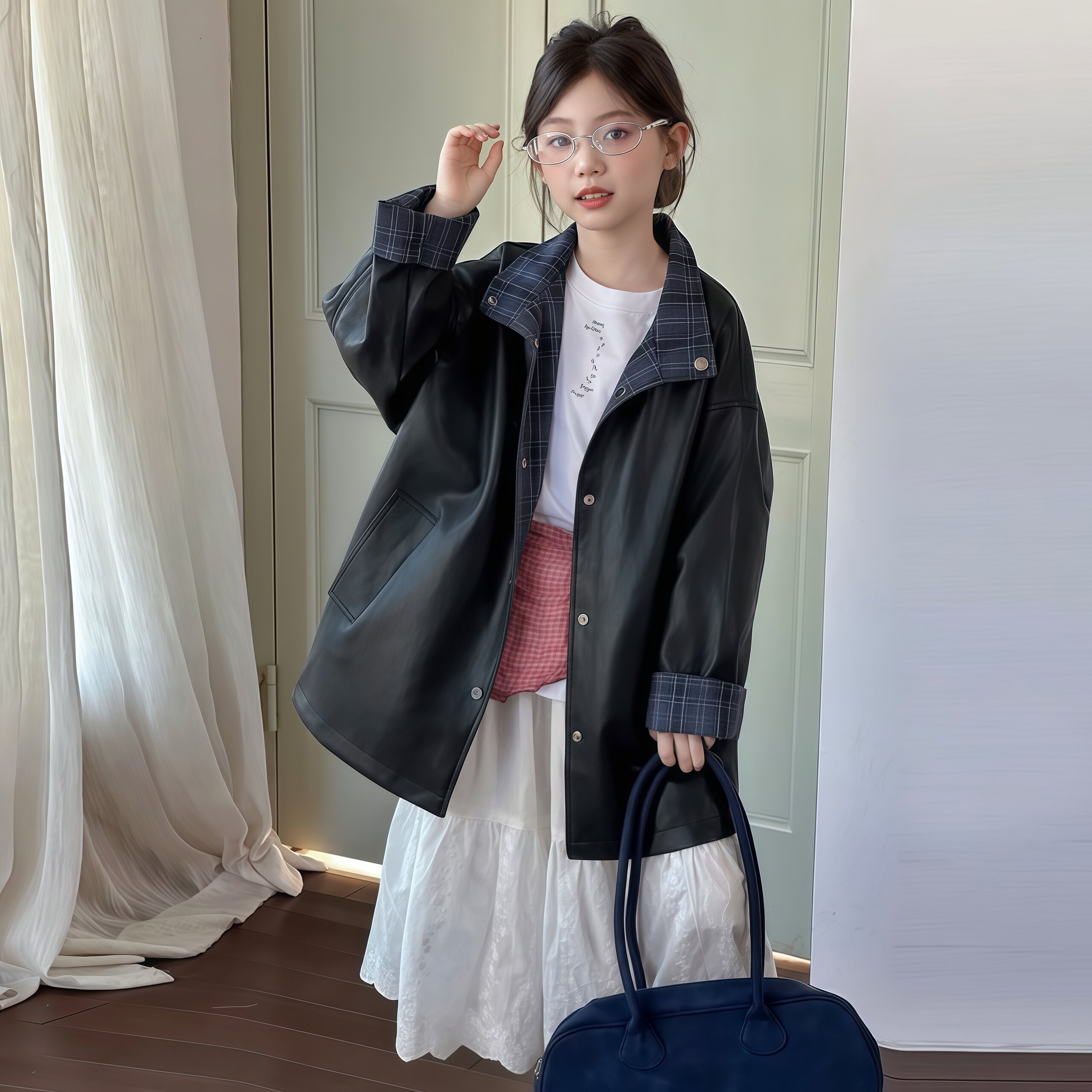女童双面穿格子中长款皮衣外套