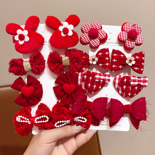 儿童新年发夹套装蝴蝶结可爱甜美小女孩喜庆发饰对夹发卡夹子边夹