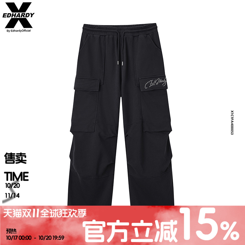 Ed Hardy X新款100%烫钻男女同款黑色抽绳宽松休闲裤X1C1FA400053