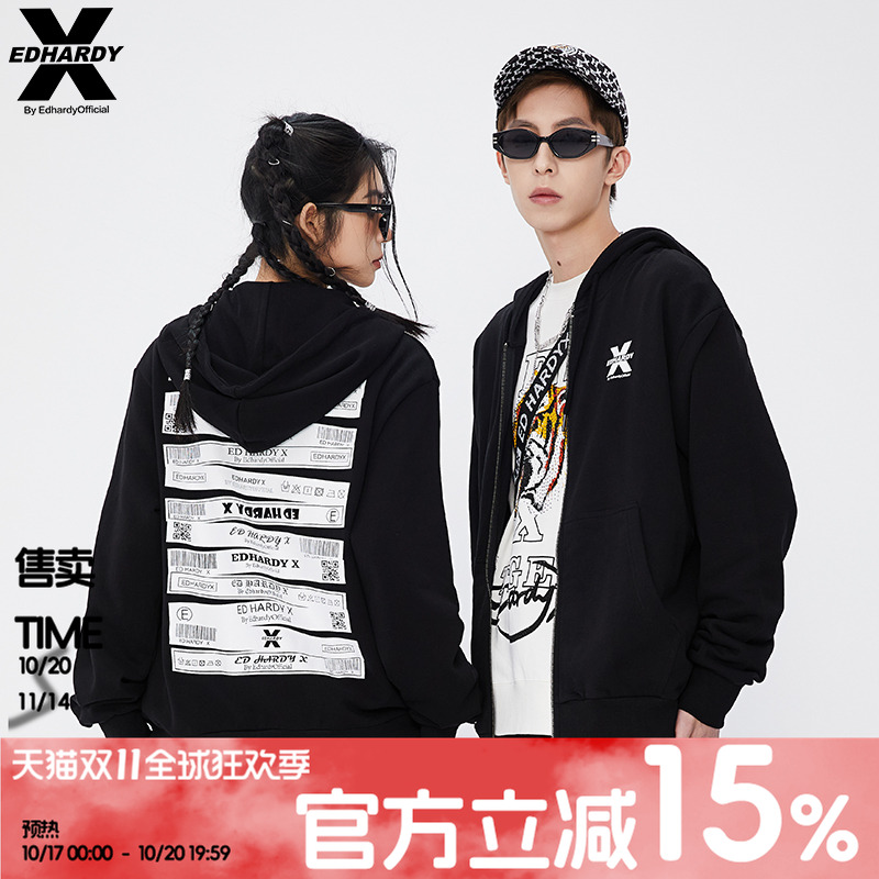 EdHardyX时尚拉链连帽情侣卫衣