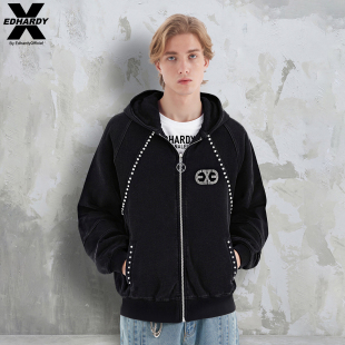 EDHARDY X潮牌2025秋冬新款水洗钉钻时尚拼接连帽开衫针织外套