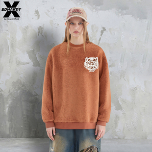 EDHARDY X2025秋冬新款时尚男女同款虎头毛巾绣标亲肤绒圆领卫衣