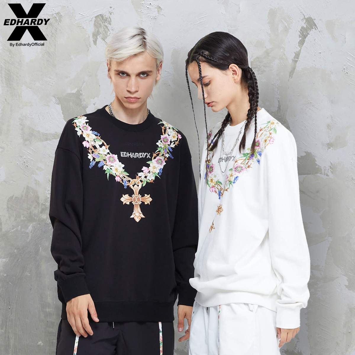 EdHardyX花环图腾宽松圆领卫衣