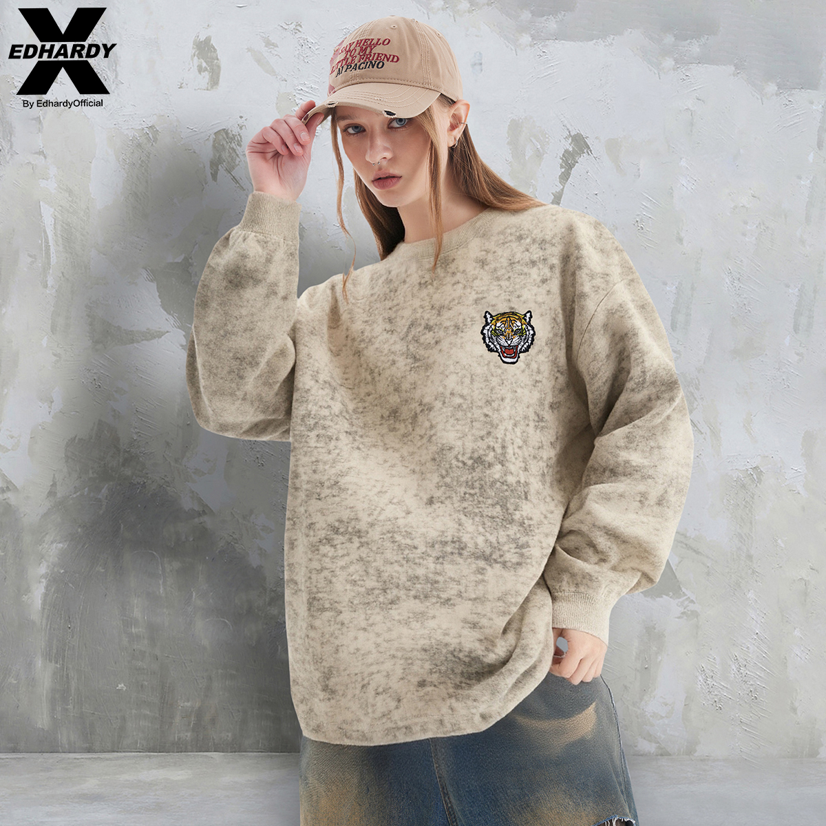 EDHARDY X2025秋冬新款百搭宽松潮流虎头绣花标圆领设计感卫衣