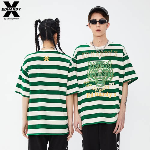 EDHARDYX虎头印花情侣款条纹T恤