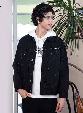 Ed Hardy X25年秋冬新款满天星亮片刺绣设计男女黑色牛仔夹克外套