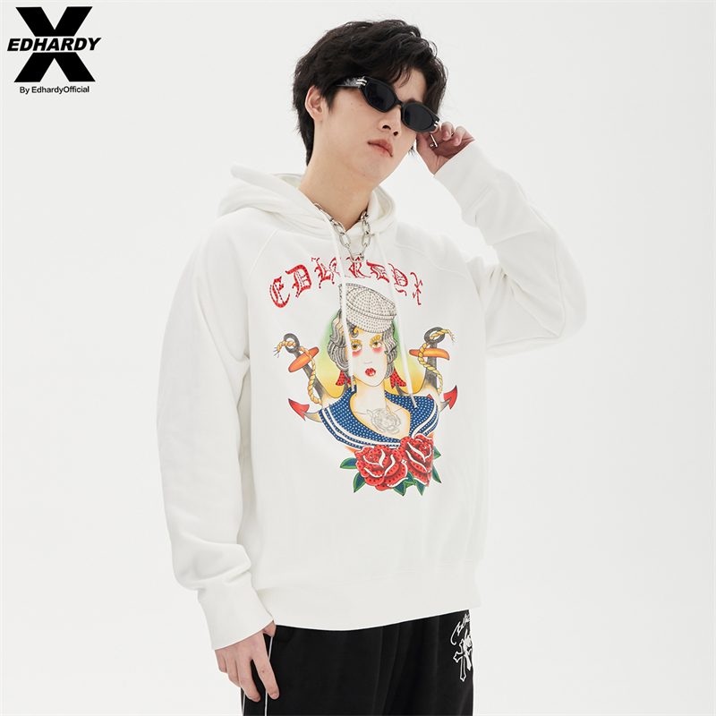 冬季字母花卉刺青风格长袖连帽