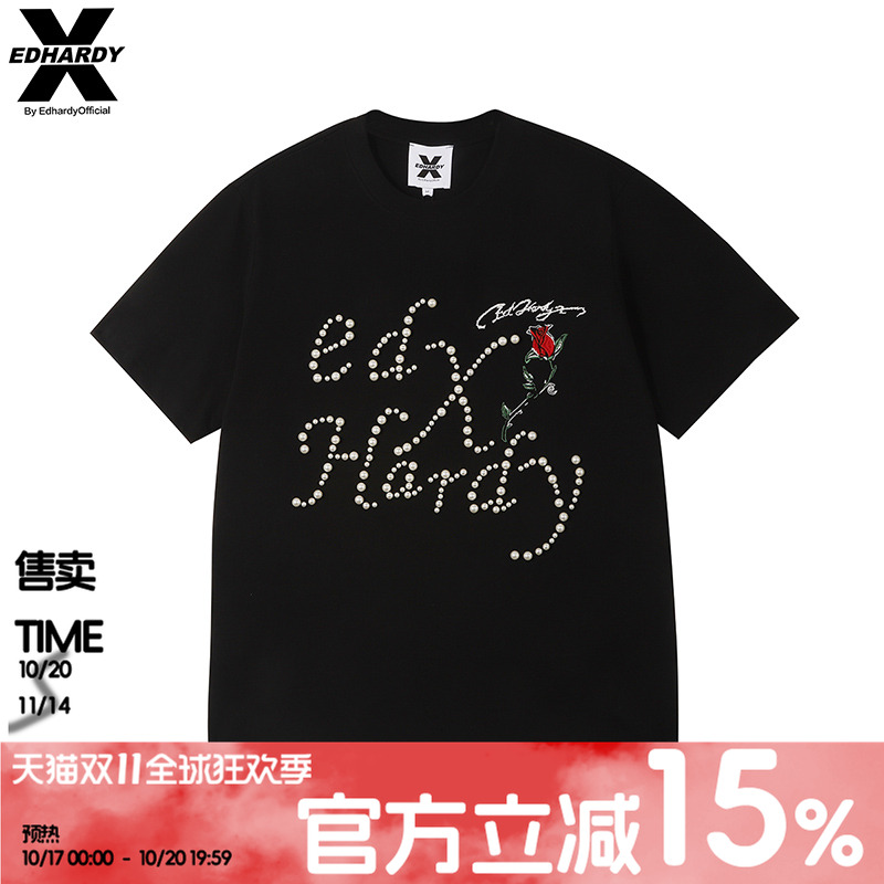 Ed Hardy X新款刺绣100%棉男女同款刺绣玫瑰短袖T恤X1C2QL122158