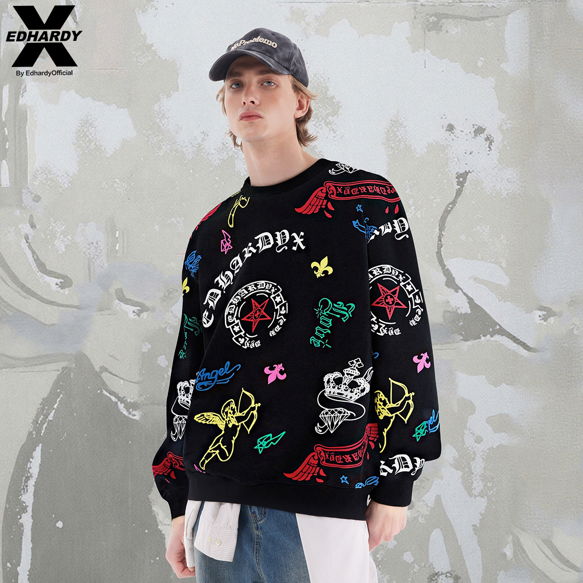 EDHARDY X2025秋冬新款宽松哥特风虎头天使满印圆领卫衣内搭上衣