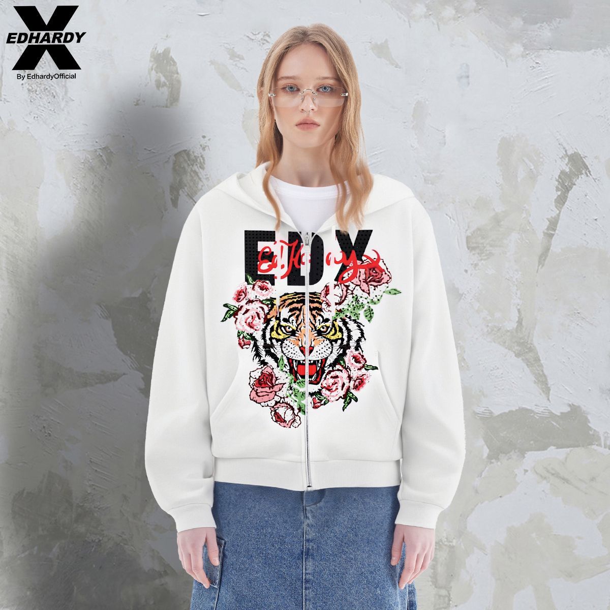 Edhardy X2025新款虎头印花男女休闲街头套头连帽卫衣情侣上衣潮