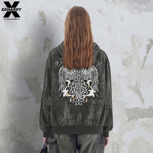 复古百搭废土风仿水洗连帽外套 设计感美式 EDHARDY X2025秋冬新款