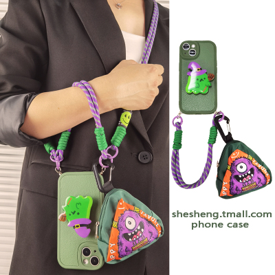 适用苹果iPhone小怪兽支架挂绳壳