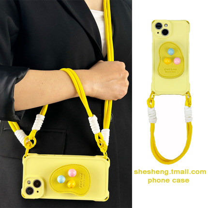 四角挂孔奶黄色适用oppo RENO14/13/12/11/10/9/8/7/6/5手机壳pro皮革土豆彩球支架A72斜挎挂绳手提可背软女x