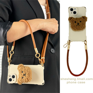 斜挎挂绳z9手提turbo可背带X新款 IQOO U3X女U5e pro neo9 5手机壳neo9s 秋冬棕色毛绒小熊支架适用vivo