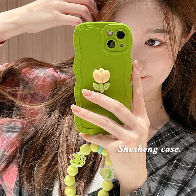 ins芥末绿手链适用iPhone12/13pro手机壳苹果14/11郁金香x/xs max新款xr女7plus硅胶8P波浪边框6s简约软防摔P