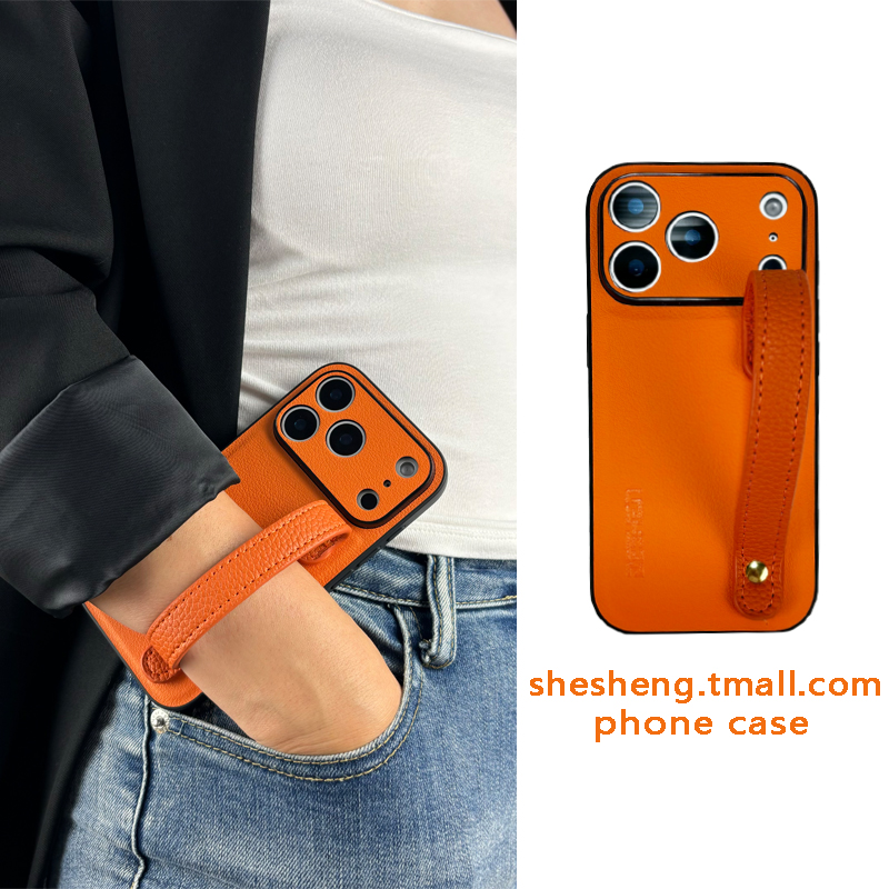 适用苹果高级感秋冬橙色皮纹腕带