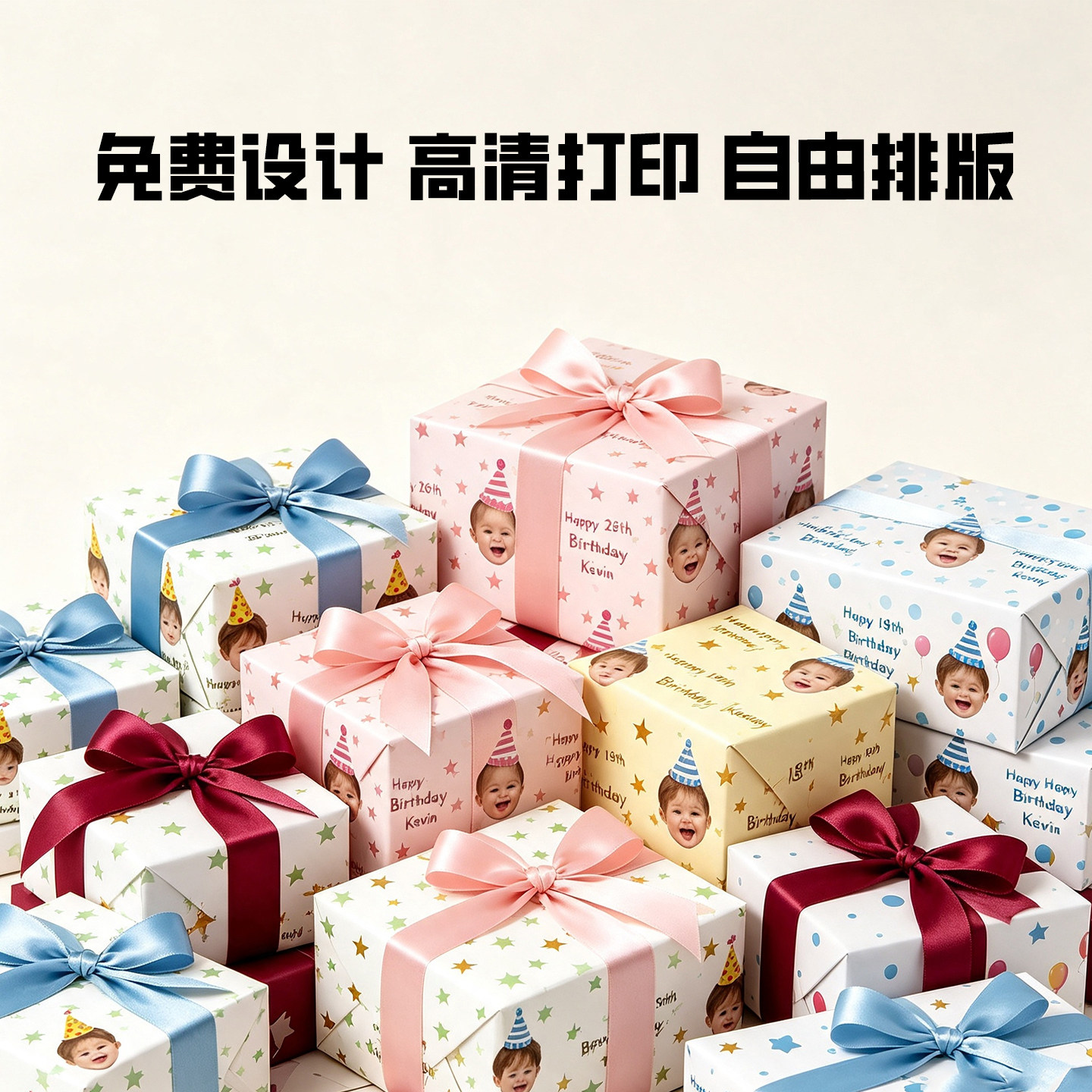 手工diy定制大头照生日礼品包装纸海报设计蝴蝶结丝带装饰礼物盒图片