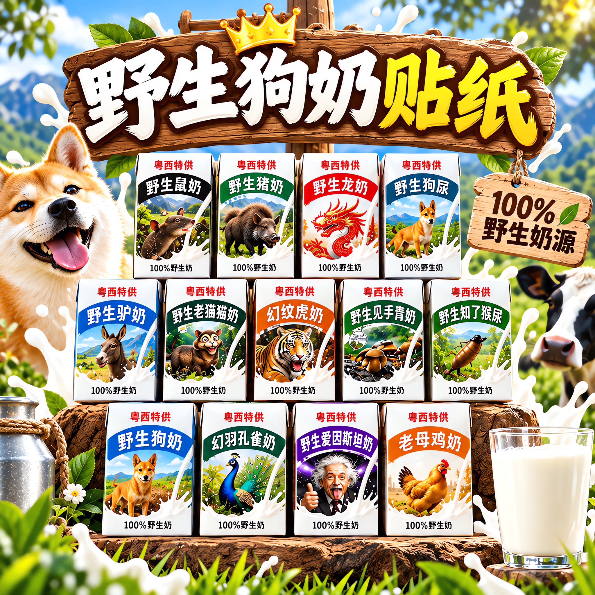 粤西特供野生狗奶贴纸人能喝饮料保质期永久防水周边道具整蛊玩具