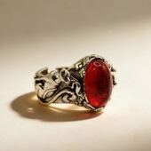 国风潮铜镀银手工饰品猫血琥珀红色复古做旧花纹蛋面戒指开口指环