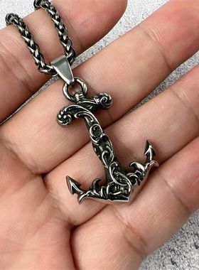 国风潮铜镀银手工饰品复古图腾花纹船锚泰银色吊坠项链毛衣链百搭