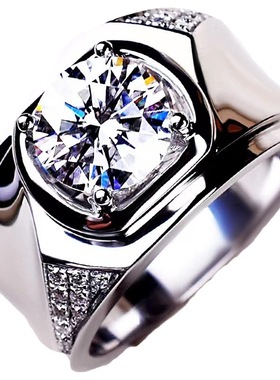 国风潮铜镀银手工饰品加宽霸气戒指2克拉钻戒白金色开口仿莫桑钻