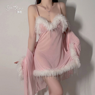 内衣网纱拼接羽毛吊带睡裙外袍制服套装 夫妻调情侣趣味主播穿大码