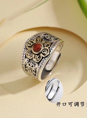 国风潮铜镀银手工饰品泰银色六字真言情侣戒指霸气镶宝石指环开口