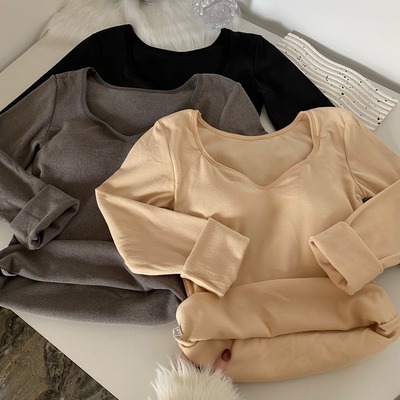 新款时尚舒适百搭主播穿保暖上衣加绒厚内搭带胸垫v领长袖t恤打底