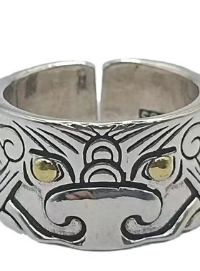 国风潮铜镀银手工饰品复古可爱萌小丑牛图腾戒指泰银色百搭宽指环