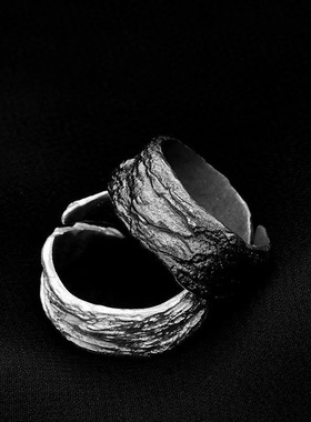 国风潮铜镀银手工饰品新款断层戒指暗黑风锤纹泰银色个性开口经典