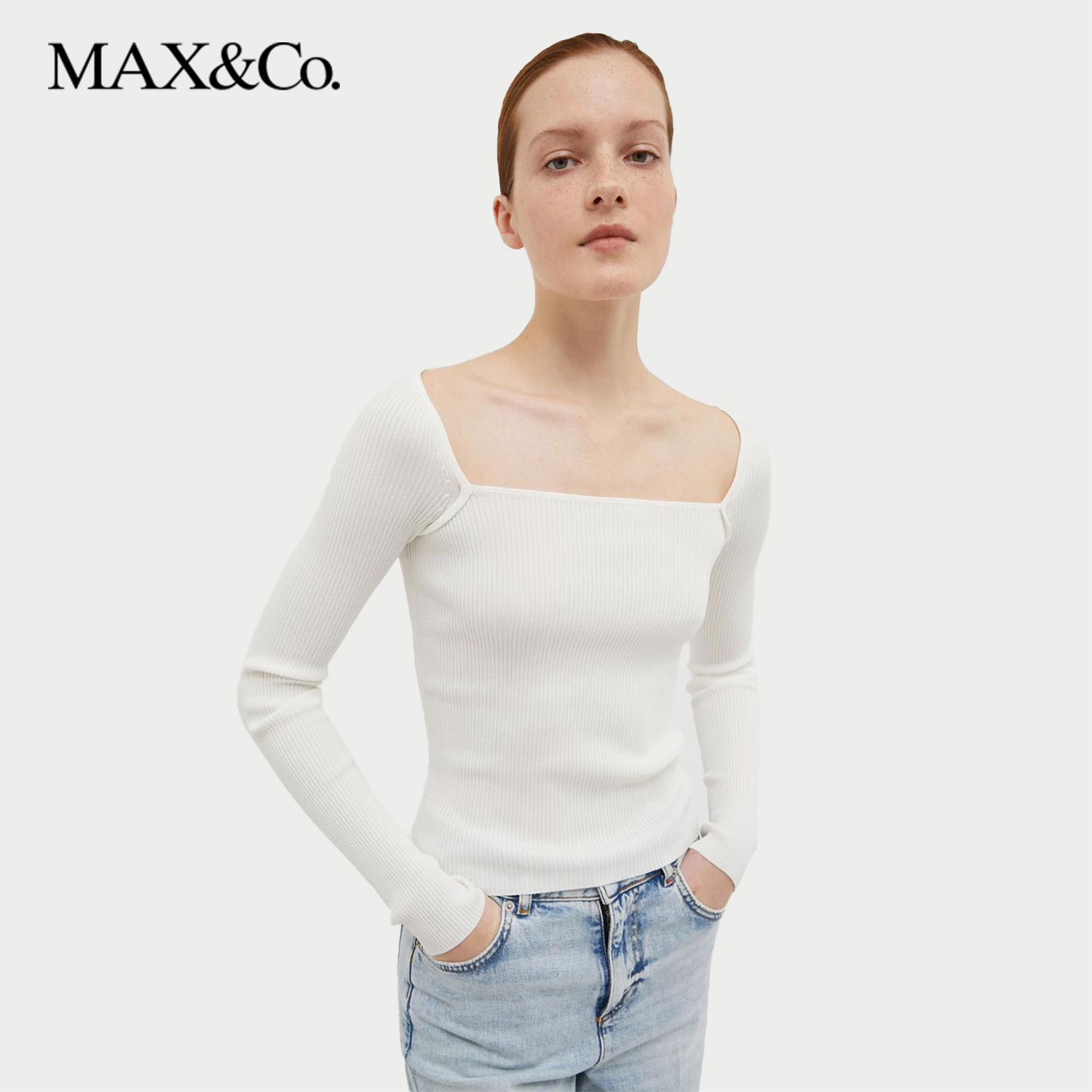 修身方领上衣套头毛衣