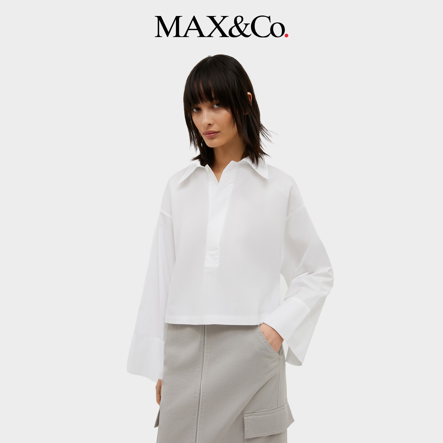 MAX&Co.女装白色廓形纯棉府绸徽章短款长袖衬衫女6116054102