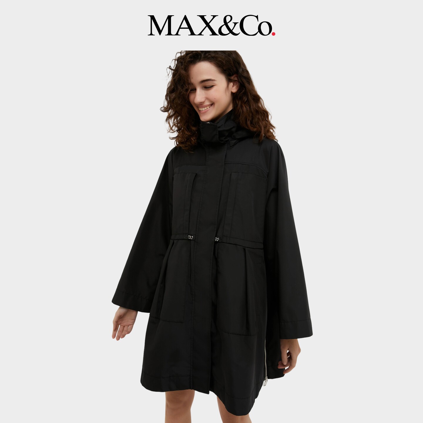 MAX&Co.女装抽绳黑色阔摆连帽风衣6086024102